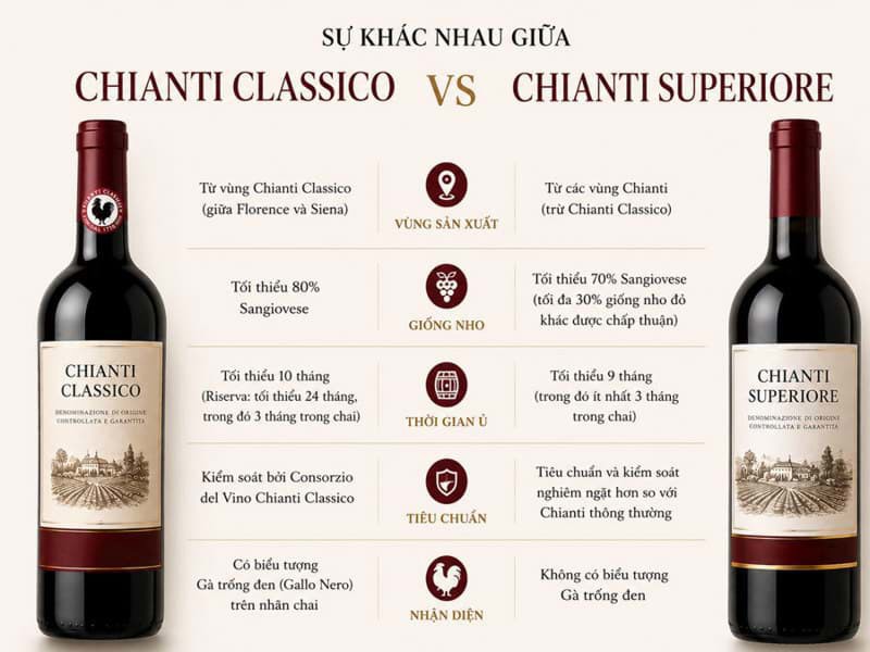 Sự khác biệt giữa phân loại Chianti Classico và Chianti Superiore là gì?