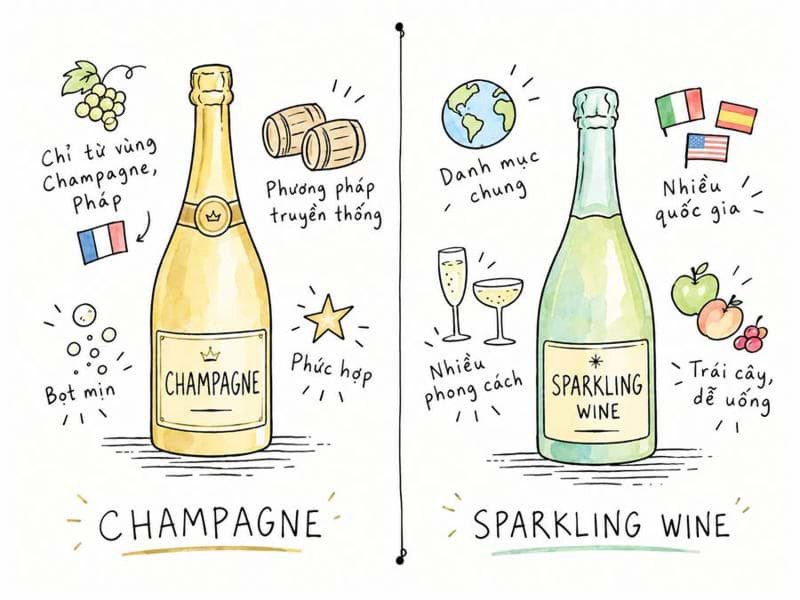 Đâu là sự khác nhau giữa rượu Champagne và Sparkling?