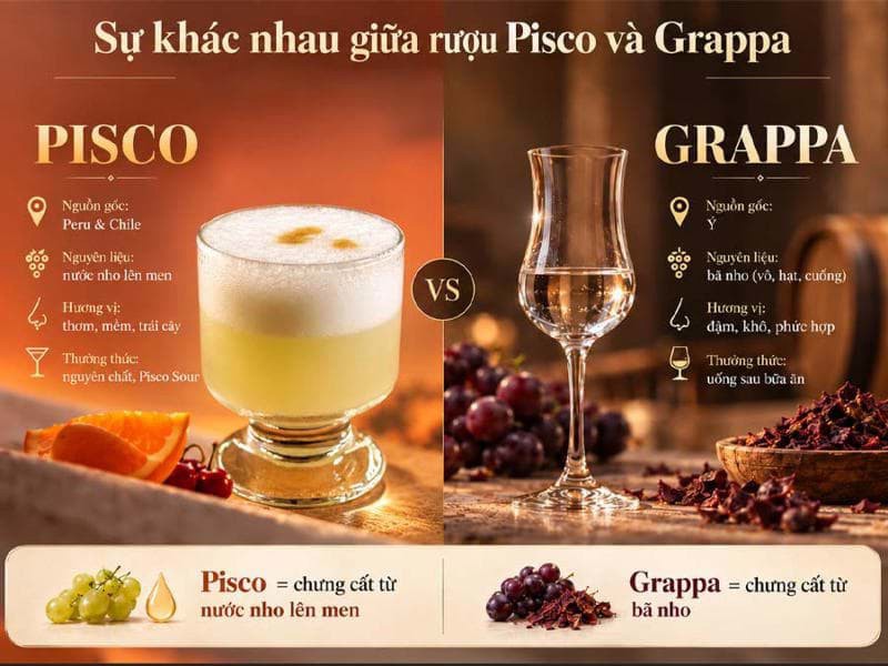 Sự khác nhau giữa rượu Pisco và Grappa